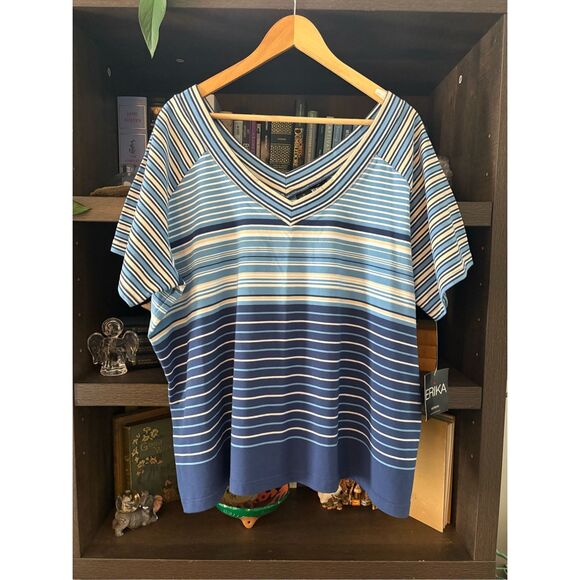 NWT Erika Woman Blue Striped V-Neck Short Sleeve T-Shirt Size 3X - Picture 1 of 4